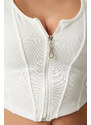 Happiness İstanbul Women's White Zipper Ribbed Crop Blouse