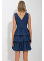 Trend Alaçatı Stili Women's Navy Blue Double Breasted V Neck Tiered Flounce Back Zippered Dress