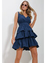 Trend Alaçatı Stili Women's Navy Blue Double Breasted V Neck Tiered Flounce Back Zippered Dress