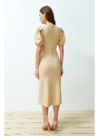 Trendyol Stone Body Wrap Midi Woven Balloon Sleeve Dress