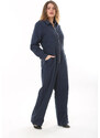 Şans Women's Plus Size Navy Blue Front Zippered 4 Pockets Back Waist Belt Elastic Denim Jumpsuit