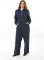 Şans Women's Plus Size Navy Blue Front Zippered 4 Pockets Back Waist Belt Elastic Denim Jumpsuit