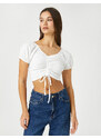 Koton Crop T-Shirt Balloon Sleeves Shirred Detail V-Neck