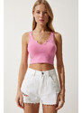 Happiness İstanbul Women's Pink Strap Crop Knitted Blouse