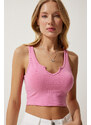 Happiness İstanbul Women's Pink Strap Crop Knitted Blouse