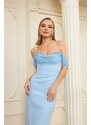 Carmen Blue Crepe Pearl Embroidered Midi Engagement Dress