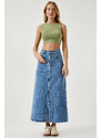 Happiness İstanbul Women's Light Blue Slit Long Denim Skirt