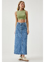 Happiness İstanbul Women's Light Blue Slit Long Denim Skirt