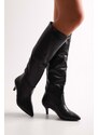 Shoeberry Women's Verda Black Skin Gathered Heel Boots Black Skin