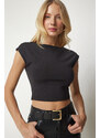Happiness İstanbul Women's Black Decollete Knitted Crop Blouse