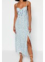 Trendyol Blue Floral Print Straight Cut Tie Detailed Strappy Woven Dress