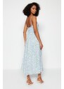 Trendyol Blue Floral Print Straight Cut Tie Detailed Strappy Woven Dress