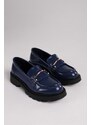 Shoeberry Women's Martha Navy Blue Spread Thick Sole Buckled Loafer Navy Blue Spread