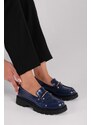 Shoeberry Women's Martha Navy Blue Spread Thick Sole Buckled Loafer Navy Blue Spread