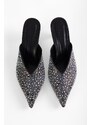 Shoeberry Women's Corsage Black Satin Stone Heeled Evening Dress Slippers