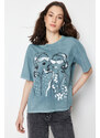 Trendyol Gray Printed Relaxed Crew Neck Washed Knitted T-Shirt