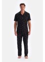 Dagi Black Size Printed Cotton Modal Shirt Pants Pajamas Set