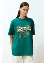 Trendyol Emerald Green Oversize Printed Crew Neck Short Sleeve Knitted T-Shirt