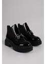 Shoeberry Women's Tastor Black Patent Leather Buckled Boots Loafer Black Patent Leather