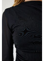 Happiness İstanbul Women's Black Chiffon Sleeve Gathered Knitted Dress