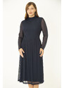 Şans Women's Plus Size Navy Blue Waist Pleated Lined Tulle Dress