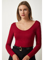 Happiness İstanbul Women's Burgundy Wide U-Neck Viscose Knitted Blouse