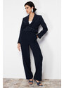 Trendyol Navy Blue Polyviscon Striped Crop Premium Woven Blazer Jacket