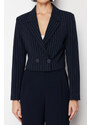 Trendyol Navy Blue Polyviscon Striped Crop Premium Woven Blazer Jacket