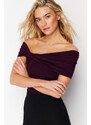 Trendyol Plum Carmen Neck Fitted Stretchy Crop Knitted Blouse