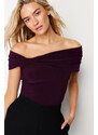 Trendyol Plum Carmen Neck Fitted Stretchy Crop Knitted Blouse