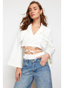 Trendyol Ecru Crop Lined Double Breasted Closure Woven Blazer Jacket