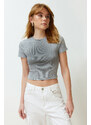 Trendyol Gray Slim Gradient Printed Crop Short Sleeve Washed Knitted T-Shirt