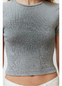 Trendyol Gray Slim Gradient Printed Crop Short Sleeve Washed Knitted T-Shirt