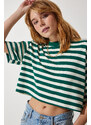 Happiness İstanbul Women's Dark Green Crew Neck Striped Crop Knitted T-Shirt