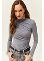 Olalook Women's Gray High Collar Ruffle Detailed Lycra Blouse