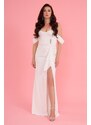 Carmen Ecru Crepe Low Sleeve Slit Long Wedding Dress