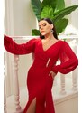 Carmen Red Chiffon Long Evening Dress with Buckle Detail