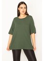 Şans Women's Plus Size Khaki Crew Neck Short Sleeve Blouse