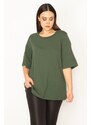 Şans Women's Plus Size Khaki Crew Neck Short Sleeve Blouse