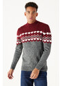 AC&Co / Altınyıldız Classics Men's Burgundy Anthracite Standard Fit Half Turtleneck Raised Soft Textured Knitwear Sweater