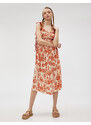 Koton Floral Midi Dress with Straps and Bow Detail Pleated Tie Viscose