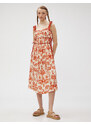 Koton Floral Midi Dress with Straps and Bow Detail Pleated Tie Viscose