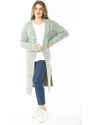 Şans Women's Large Size Green Slit Thick Knitwear Long Cardigan