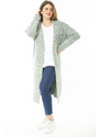 Şans Women's Large Size Green Slit Thick Knitwear Long Cardigan