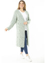 Şans Women's Large Size Green Slit Thick Knitwear Long Cardigan