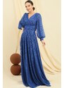 By Saygı Double Breasted Collar Sleeves Buttoned Lined Silvery Long Dress
