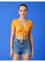 Koton Crop T-Shirt with Tie Detail V-Neck
