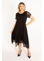 Şans Women's Plus Size Black Dress With Sleeves And Hem. Tulle Detailed With Slits In The Side