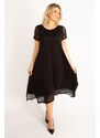 Şans Women's Plus Size Black Dress With Sleeves And Hem. Tulle Detailed With Slits In The Side