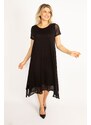 Şans Women's Plus Size Black Dress With Sleeves And Hem. Tulle Detailed With Slits In The Side